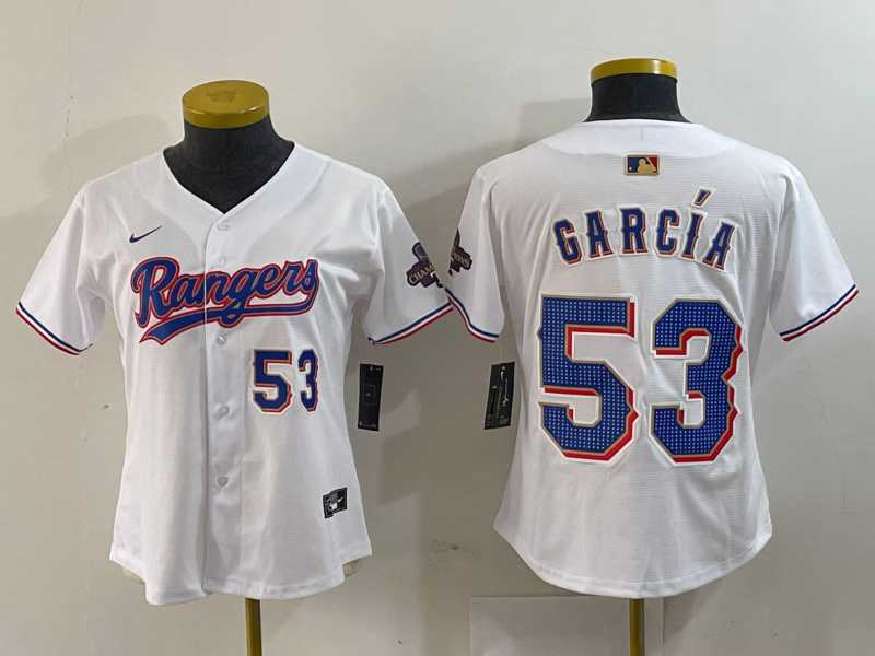 Womens Texas Rangers #53 Adolis Garcia Number White 2024 Gold Collection Limited Cool Base Jerseys